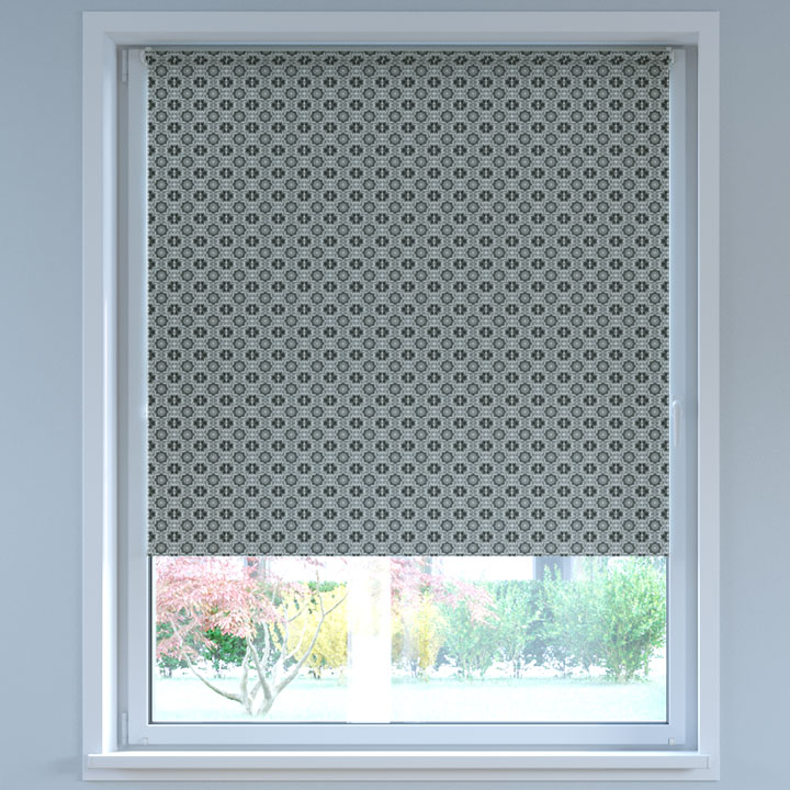 Blackout Digital Print No Drill Roller Blind, Azulejos Dark Grey