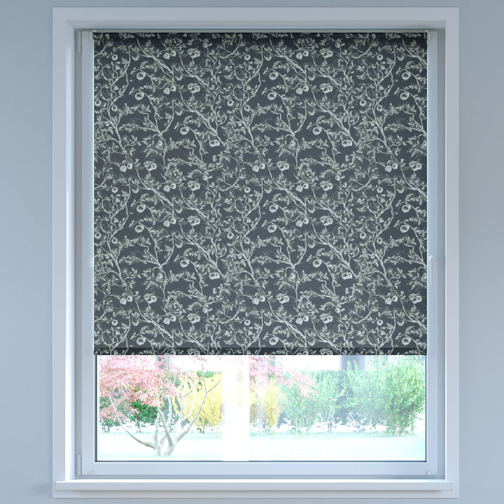 Darkening Digital Print No Drill Roller Blind, Wild Rose Dark Grey