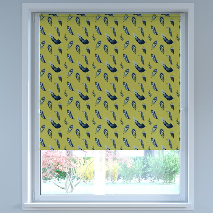 Blackout Digital Print No Drill Roller Blind, Feathers Yellow