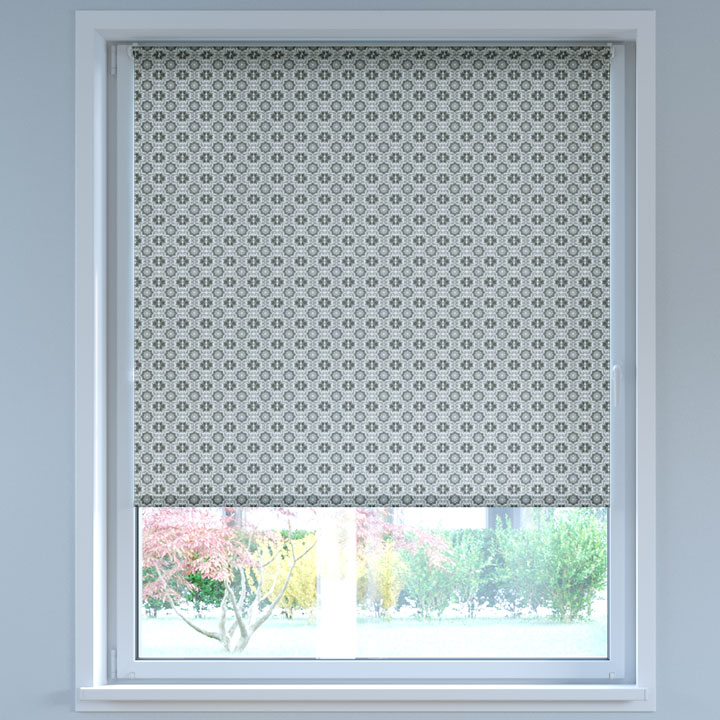 Darkening Digital Print No Drill Roller Blind, Azulejos Dark Grey