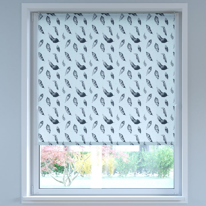 Darkening Digital Print No Drill Roller Blind, Blue Feathers