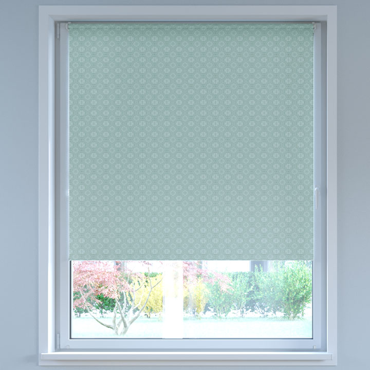 Blackout Digital Print No Drill Roller Blind, Azulejos Mint