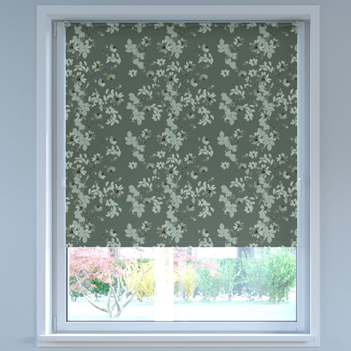 Blackout Digital Print No Drill Roller Blind, Flax Grey-green