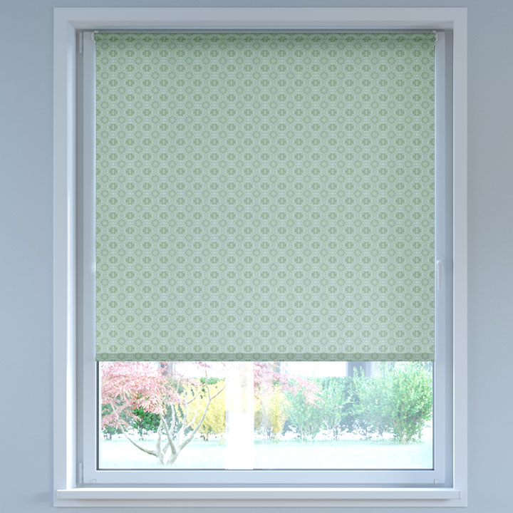 Darkening Digital Print No Drill Roller Blind, Azulejos Green