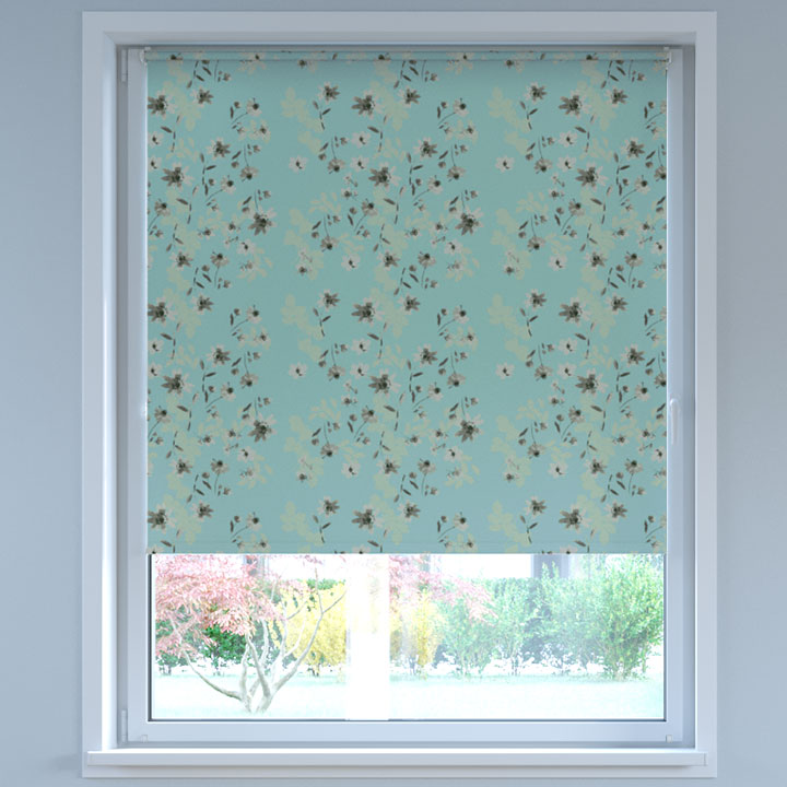 Blackout Digital Print No Drill Roller Blind, Flax Blue