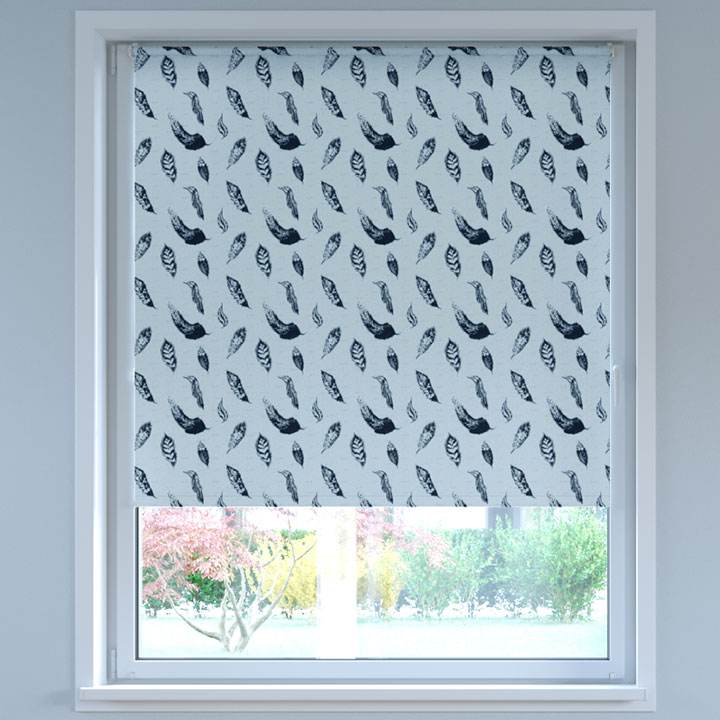 Blackout Digital Print No Drill Roller Blind, Blue Feathers